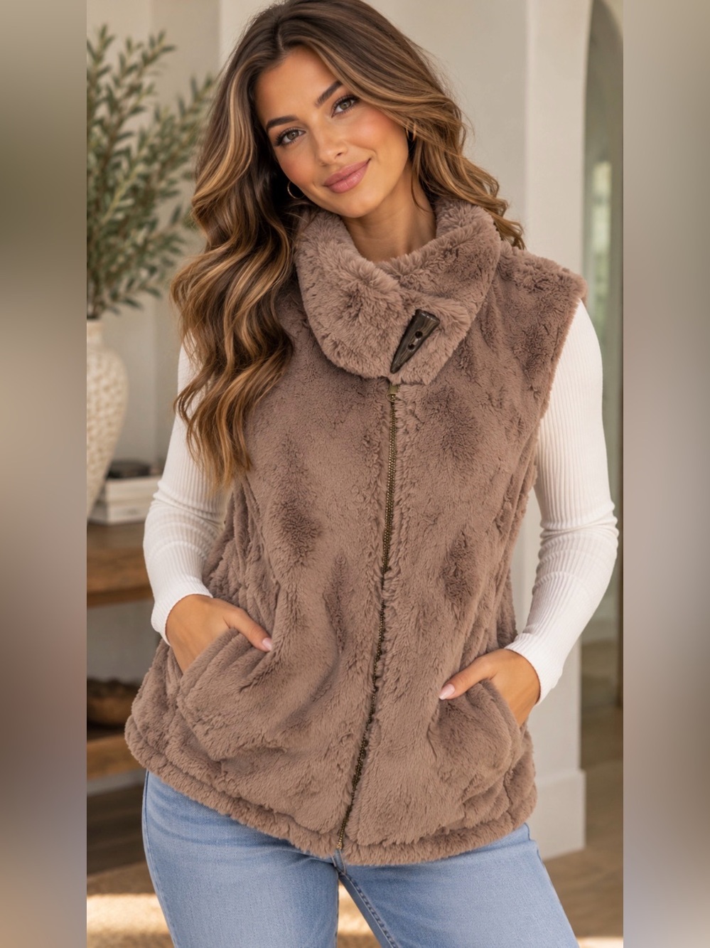 Sanctuary Clothing Faux Fur Vest Taupe Brown Vest Zip-Up Vest